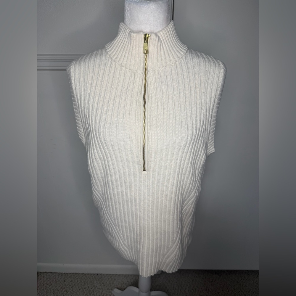 Talbots Cream Ribbed Sleeveless Half-Zip Turtleneck Sweater size M